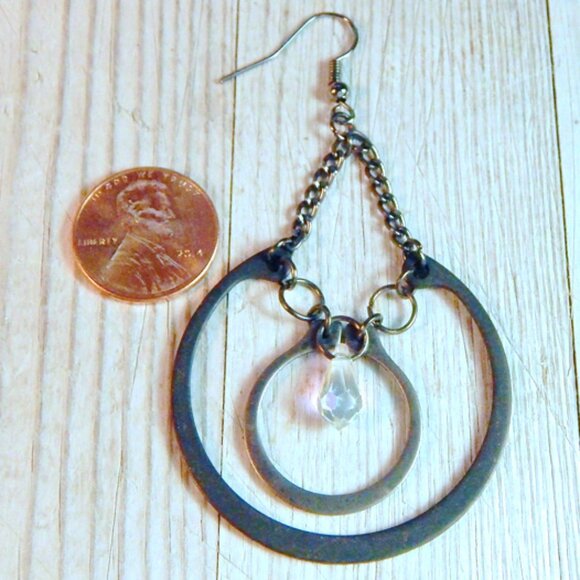 DANGLE DOUBLE LOOP EARRINGS W/ Crystal - Steampunk Style Industrial Earrings - Picture 2 of 3